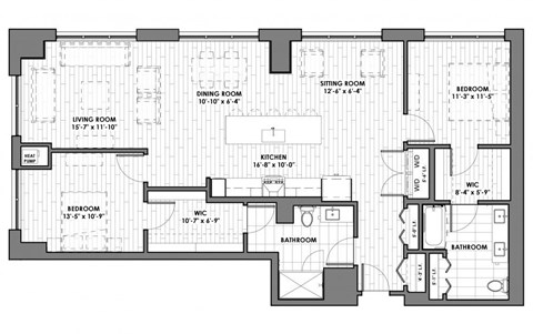Floor plan for 2 beds, 2 baths, 1542 sqft